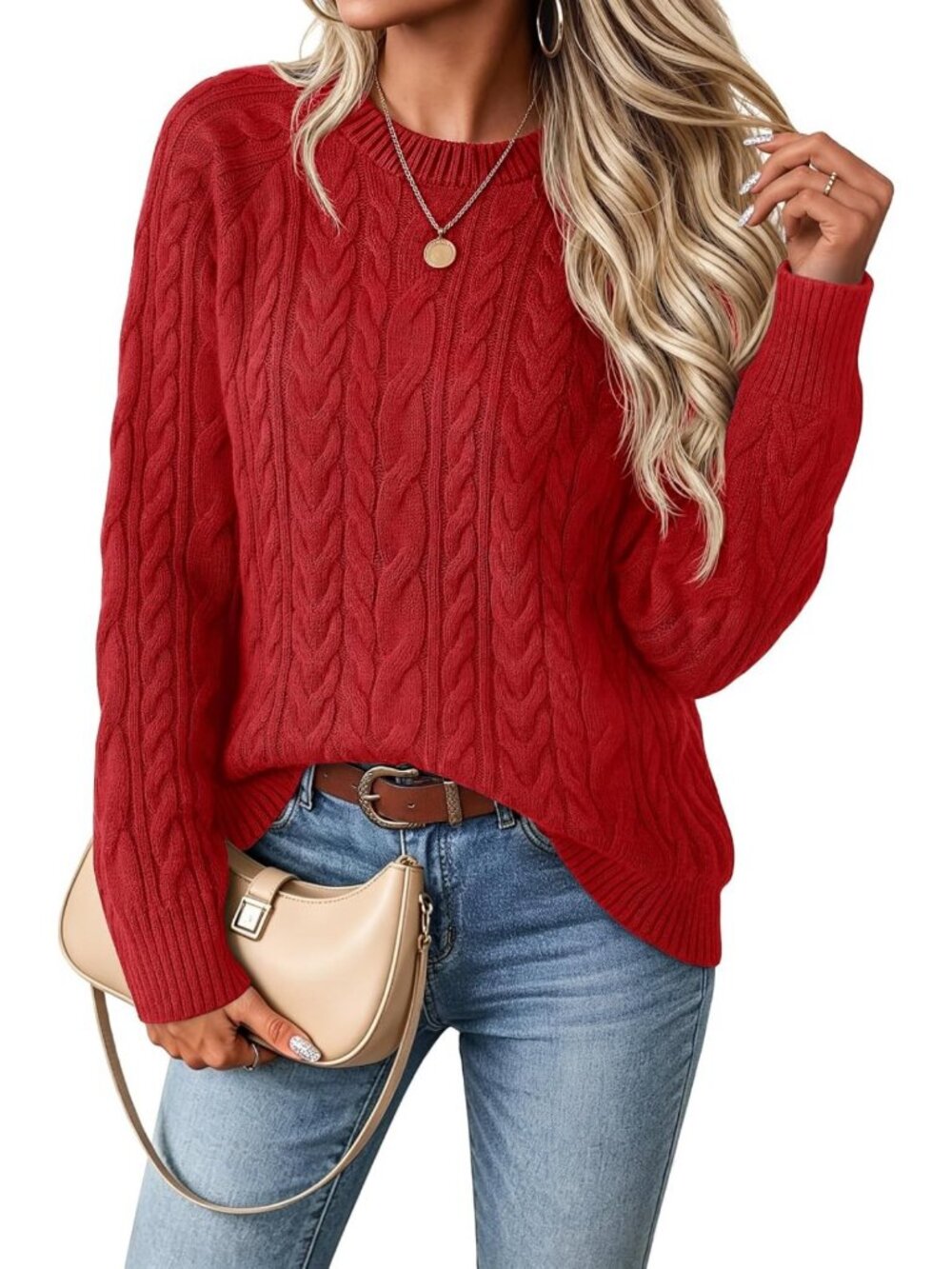 Oversized Cable Knit Pullover Sweater for Women - Cozy Long Sleeve Fall Top
